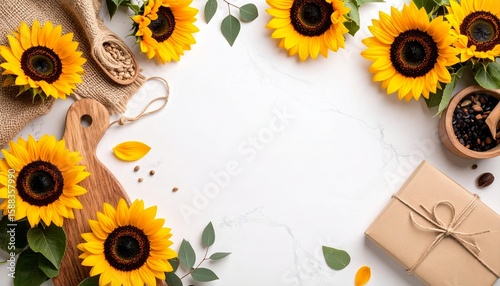 Elegant flat lay with vibrant sunflowers and rustic accents creates a charming aesthetic space for your personalized message