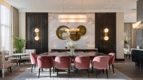 Modern, elegant dining area with a large, dark-colored table and plush, pink chairs