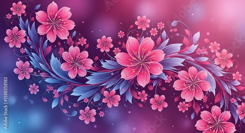 Elegant floral illustration with pink cherry blossoms and stylized blue leaves