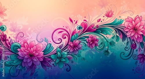 Elegant floral design with vibrant pink and teal flowers on a gradient background