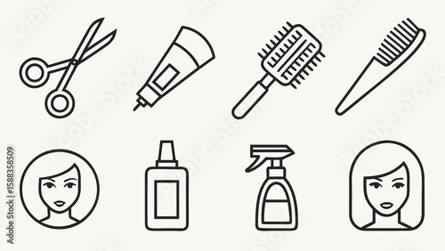 Minimalist salon icons for modern branding, featuring hair styling equipment and beauty tools like scissors and combs.