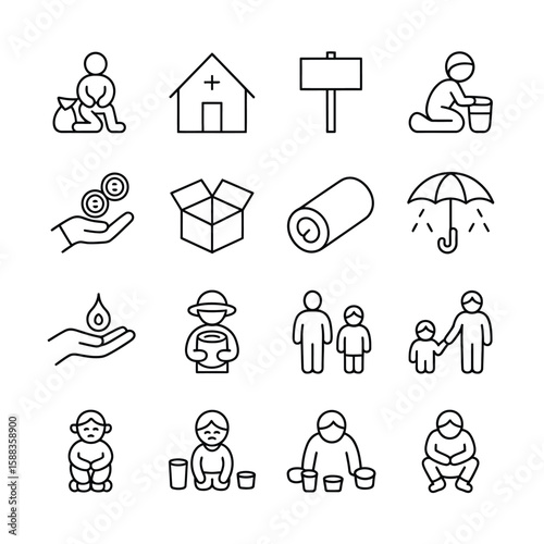 Collection of sixteen monochrome linear icons depicting charity donation aid assistance homelessness poverty hunger need shelter support help giving offering sharing community care