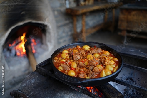 Georgian stew simmering over an open fire, creating a delicious meal.