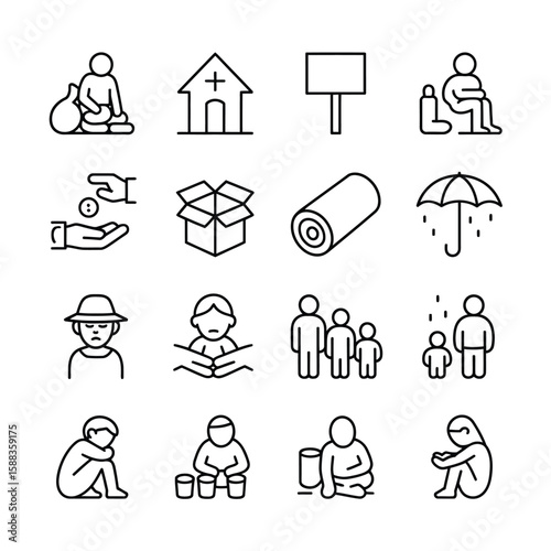 Collection of Sixteen Black Line Icons Depicting Poverty Homelessness Charity and Humanitarian Aid Including Figures of People in Need Shelter Donation Box Umbrella and Family
