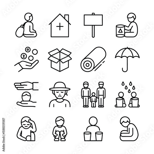 Collection of Sixteen Black Line Icons Depicting Humanitarian Aid Refugee Crisis Shelter Donation Support Family Child Poverty Sadness Homelessness