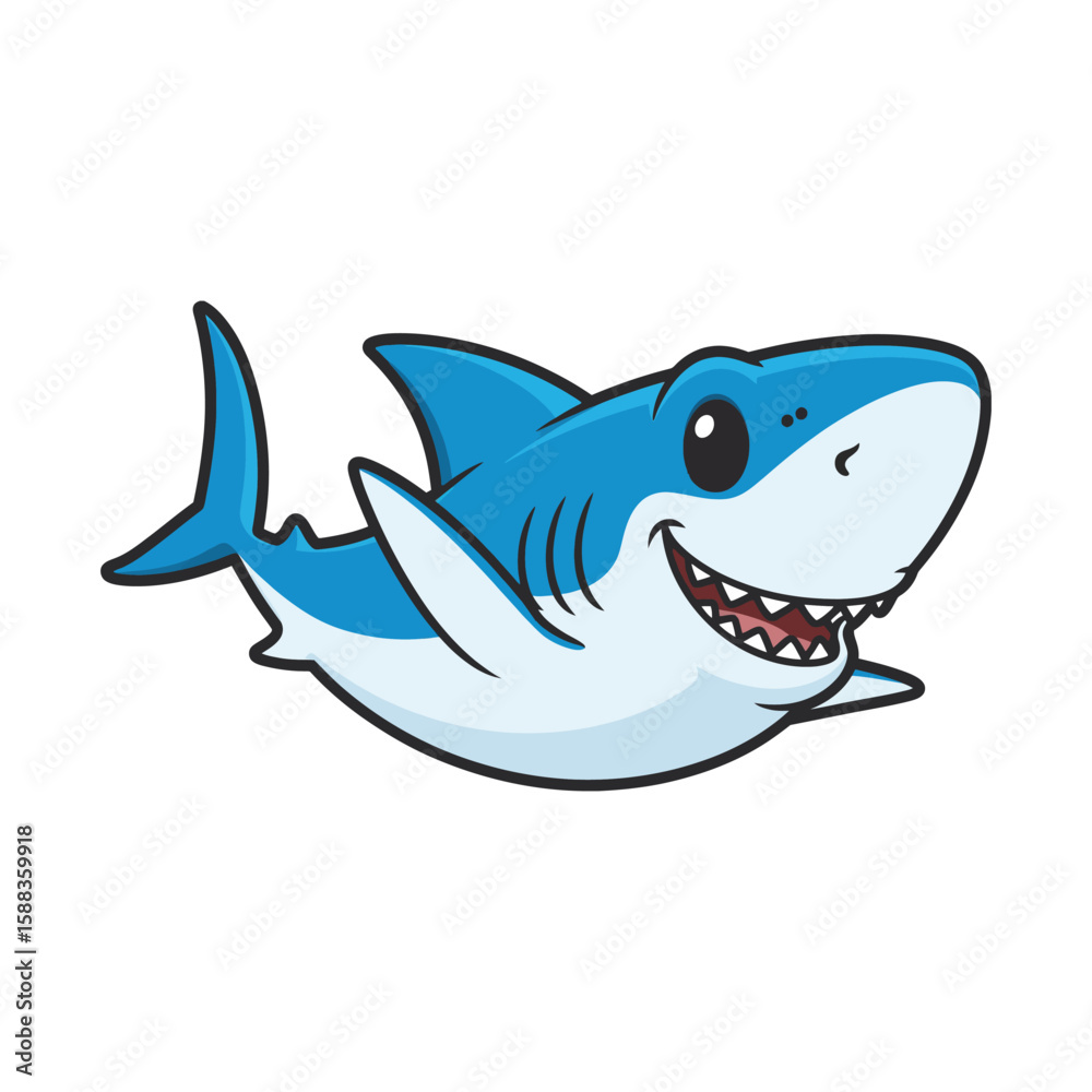 Fototapeta premium Cartoon illustration of a smiling blue shark with a friendly and playful appearance