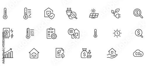 Home Energy Audit Line Icons – Thermostat, Insulation, Power Consumption, Efficiency Checklist, Renewable Energy Symbols