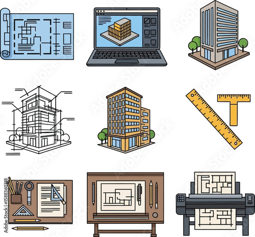 Architectural design icons: blueprints, 3D models, buildings, tools, and drafting equipment.