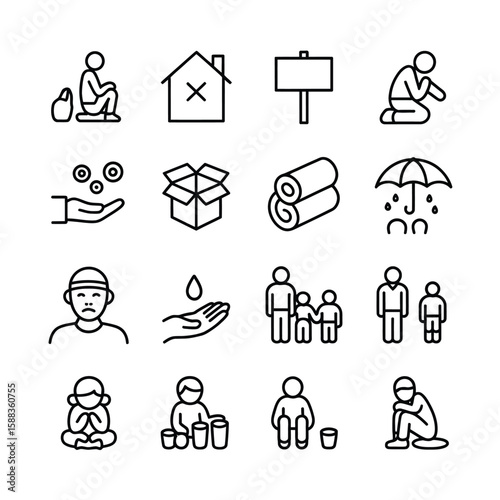 Collection of sixteen monochrome line art icons depicting poverty homelessness hunger and refugee themes including figures begging receiving aid lacking shelter and basic