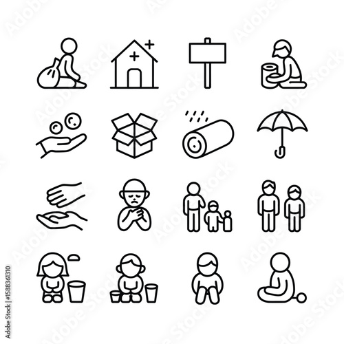 Collection of sixteen black linear icons depicting poverty homelessness charity and donation themes including people begging food shelter and family symbols