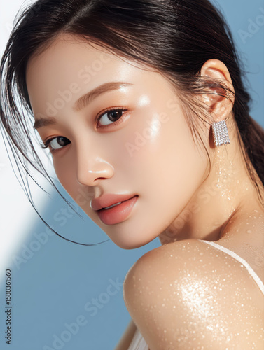 여성의 윤기 나는 피부와 내추럴 메이크업 클로즈업
