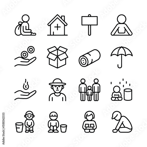 Sixteen Black Outline Icons Depicting Poverty Hunger Homelessness Charity and Humanitarian Aid Symbols on White Background