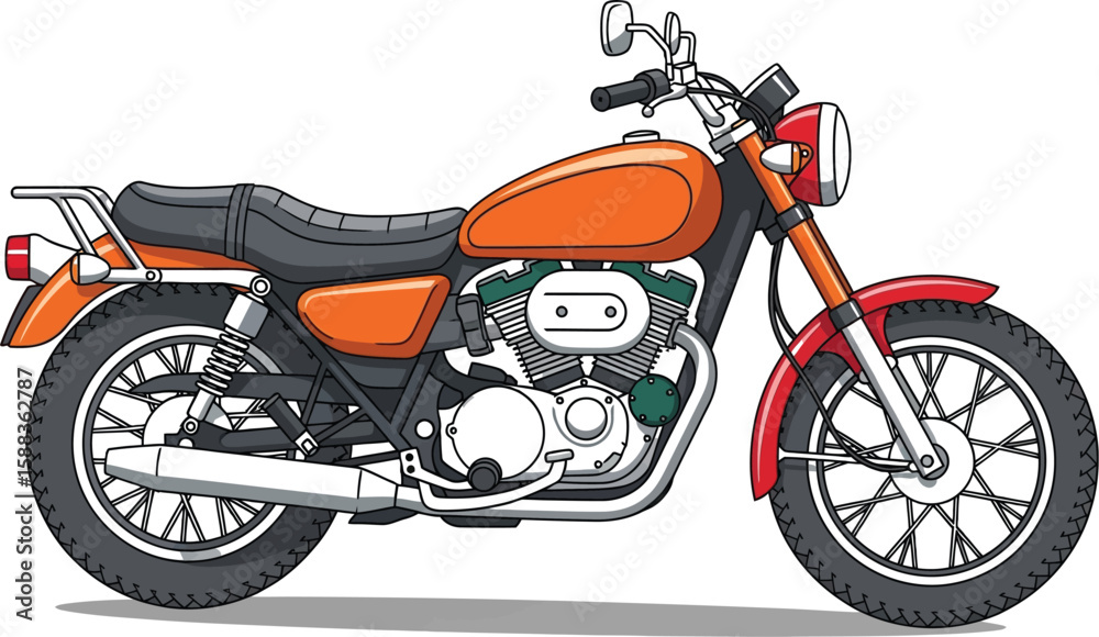 Fototapeta premium A bright orange classic motorcycle illustration showcases a vintage motorbike design with red accents and detailed mechanical parts.