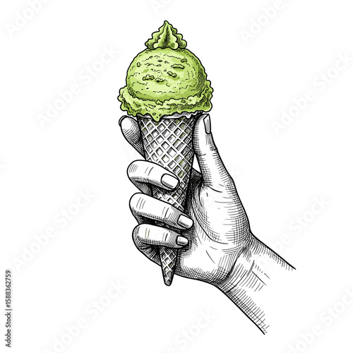 Vintage Sketch POV Ice Cream with Wasabi in Hand – Hand Drawn black and white illustration with colored ice cream, Engraving Retro Style vector SVG