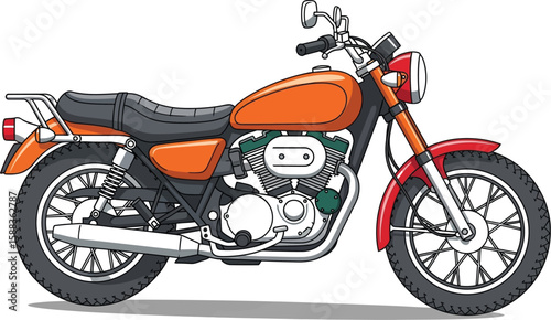 A bright orange classic motorcycle illustration showcases a vintage motorbike design with red accents and detailed mechanical parts.
