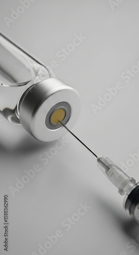 Syringe injecting vaccine dose into glass vial on white background