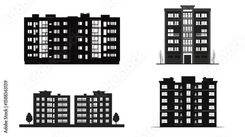 Full black silhouette of an apartment building with multiple floors and windows, simple urban skyline vector design, bold minimalist architectural shape against a white background, ideal for cityscape