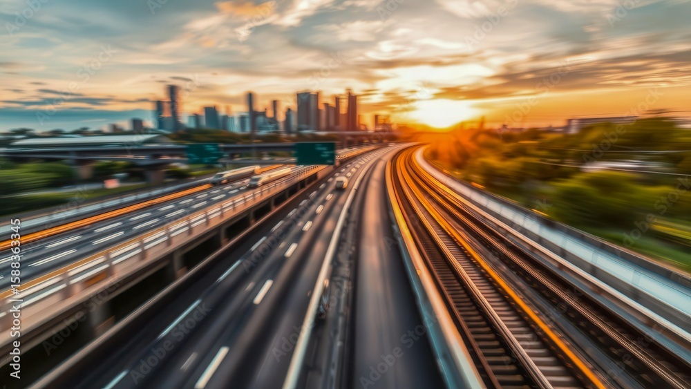 Fototapeta premium The highway, bridge and rails against the sunset skyline create a futuristic scene. The image conveys a sense of travel and forward movement.