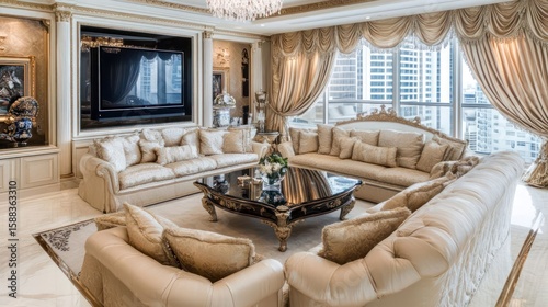 Opulent living space showcases lavish decor, plush furnishings, and a stunning cityscape view enhancing a feeling of extravagance and sophisticated comfort creating an inviting ambiance