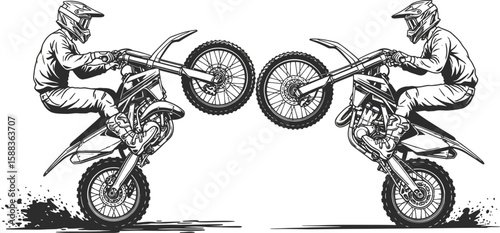 Two monochrome dirt bikes are performing wheelies, showcasing the thrill of motorsports and the riders skill in freestyle motocross.