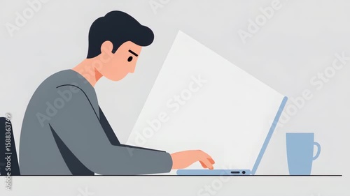 Focused Worker at Laptop, Simple Illustration