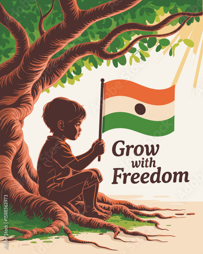 Boy holding flag under a tree