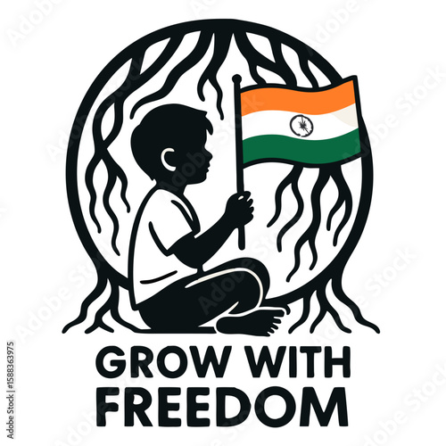 Child holding Indian flag in silhouette with roots background