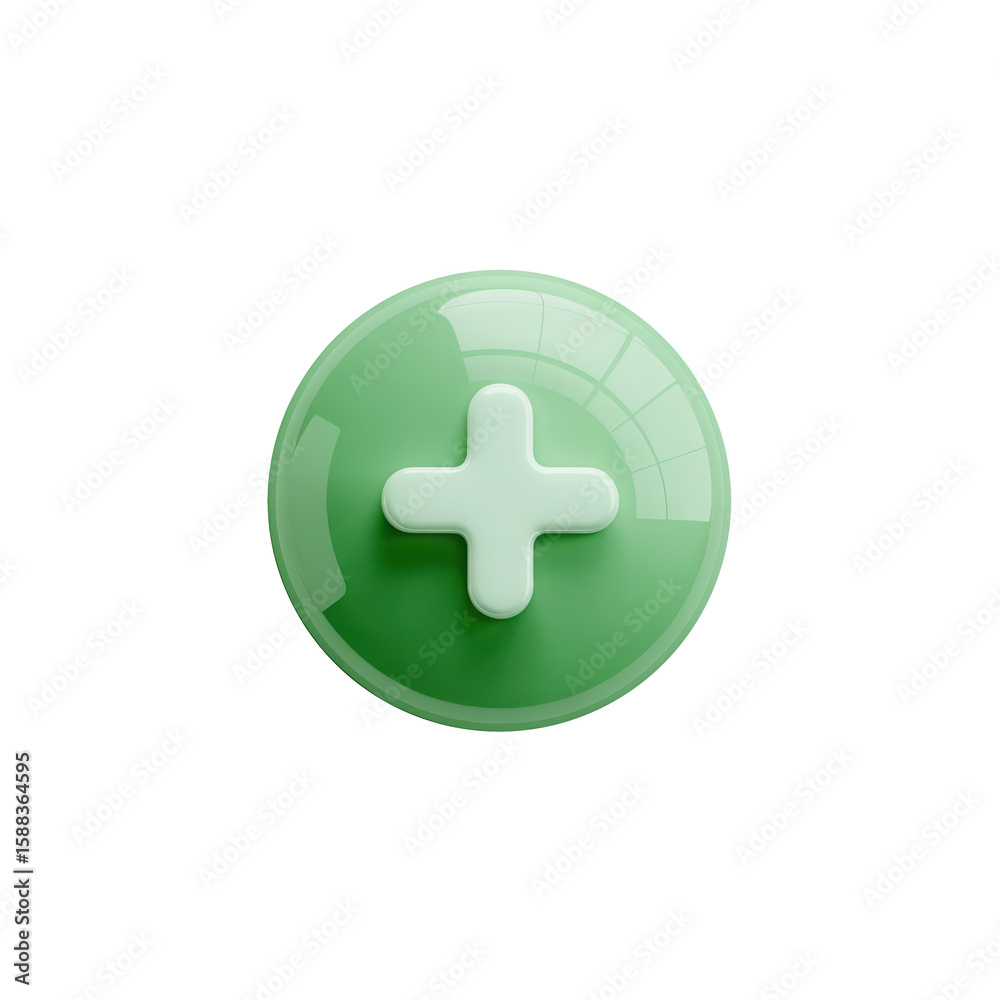 Fototapeta premium Glossy green button with a raised white plus sign icon isolated transparent background
