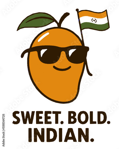 Mango character smiling with sunglasses and Indian flag