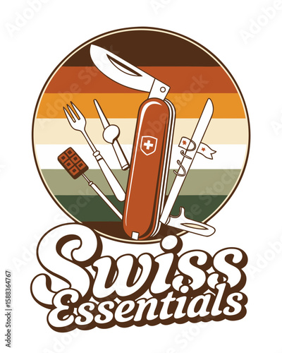 Swiss Army knife and accessories in retro style