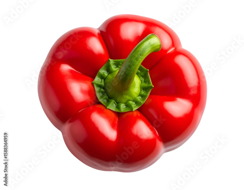 Red Bell Pepper: A vibrant, ripe red bell pepper viewed from above, showcasing its smooth skin and glossy texture. Its stem is green and intact, highlighting its freshness.