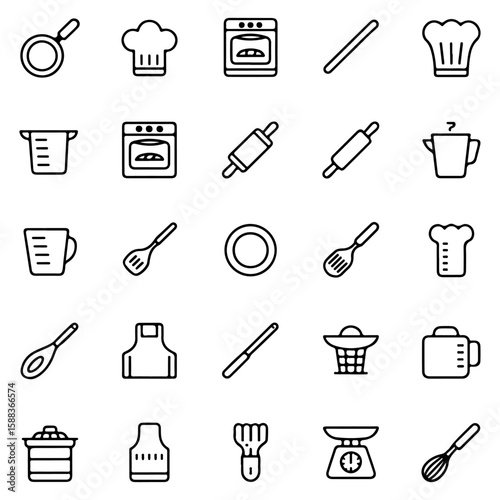 Minimalist kitchen and cooking tool icon set featuring simple outlines ideal for culinary designs restaurant menus or food related applications
