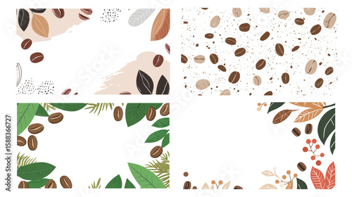 Vector graphic design of coffee beans background with seamless pattern, simple monochrome style illustration featuring scattered coffee beans, ideal for coffee shop branding, packaging, food industry,