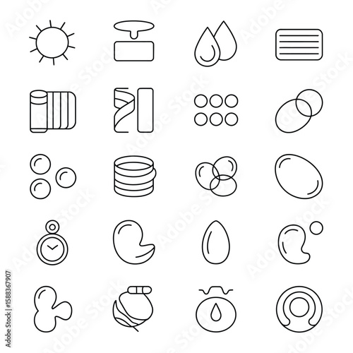 Collection of Twenty Black Outline Icons Depicting Diverse Shapes and Symbols Including Sun Water Drops Fabric Rolls D N A Strands Circles Stopwatch and More on White Background