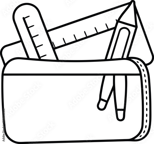 Line Art Vector of Pencil Pouch with Ruler and Scissors