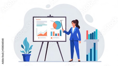 Businesswoman Presenting Data Charts and Graphs on a Whiteboard with Pointer Stick
