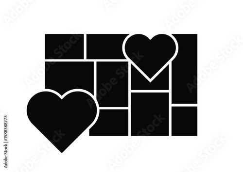 Geometric rectangle and love collage for photo wall mood board template. Heart shape collage photo grid template. Picture frame  mood board design.