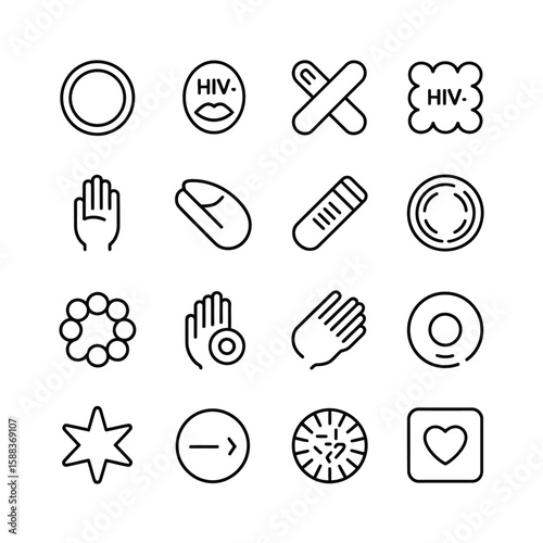 Collection of sixteen monochrome line art icons depicting various symbols related to health safety and sexual health including condoms gloves bandages and H I V awareness symbols