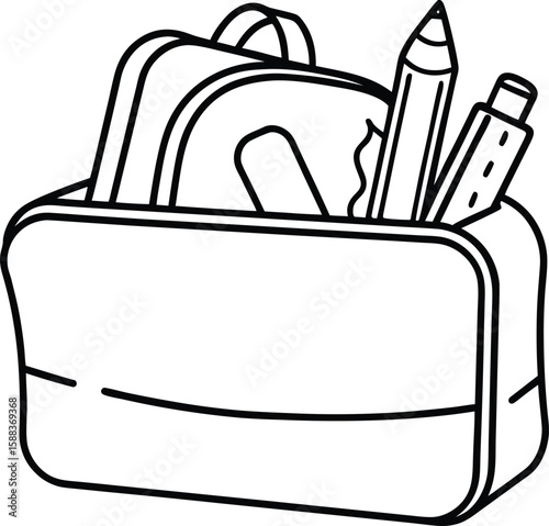 Line Art Vector of Transparent Pencil Pouch with Supplies