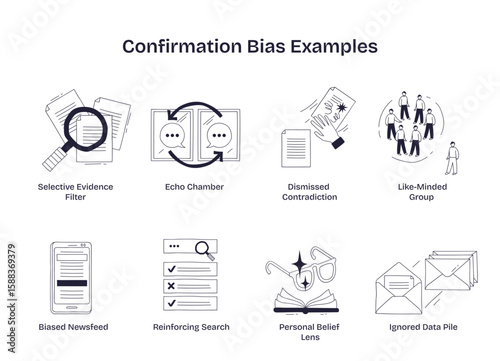 Confirmation bias is shown through selective evidence, echo chambers, and ignored data, illustrating how beliefs are reinforced, transparent background.