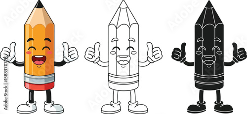 Cartoon pencil character with thumbs up drawing vector illustration design for kids and education 100 editable