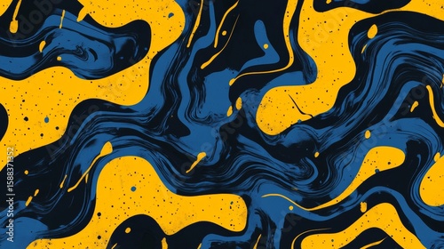 Abstract Fluid Art with Ink Splatter Effect in Dark Blue and Yellow Tones