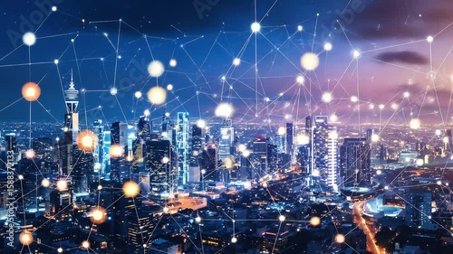 Wallpaper Mural Futuristic cityscape glows with interconnected nodes against a vibrant twilight sky above urban Torontodigital.ca