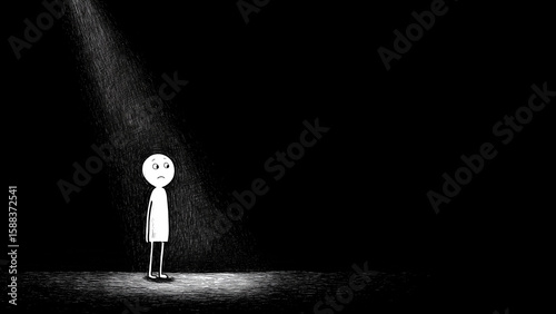 Black and white drawing of a stick figure standing on a stage, with a spotlight shining down on it from above. The figure appears to be sad or concerned. Black background, copy space, aspect 16x9