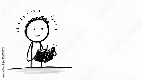 Black and white sketch-style drawing showing a person reading a book under the light of a spotlight, with a halo-like effect around their head. White background, copy space, aspect 16:9.