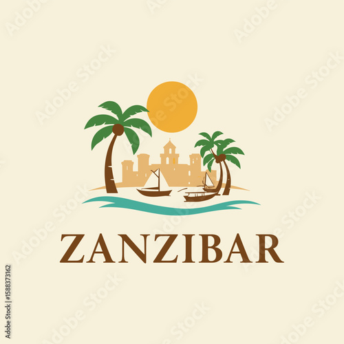 Wallpaper Mural Flat vector landscape of Zanzibar with fortress, boats, palm trees and golden sun. Tropical African island with coastal view Torontodigital.ca