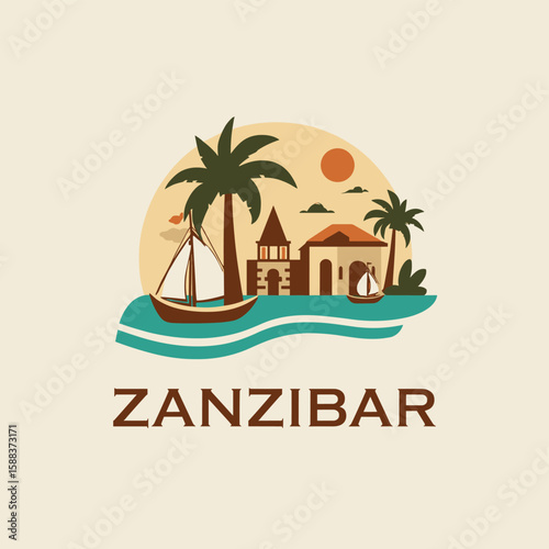 Vector scene of Zanzibar with dhow sailboat, palm trees, sun and Swahili architecture. Coastal African island in flat tropical style