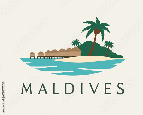 Vector illustration of Maldives with beachfront villas, palm trees and calm sea. Flat tropical island design with warm colors