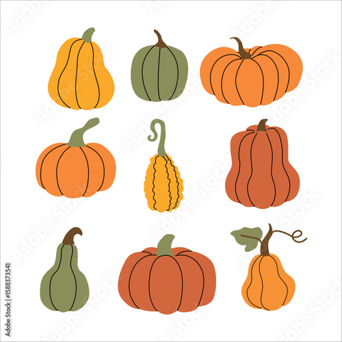 Collection of decorative pumpkins and gourds in various shapes and autumn colors. Simple flat style illustration perfect for fall, Thanksgiving, and harvest themed designs. Vector illustration