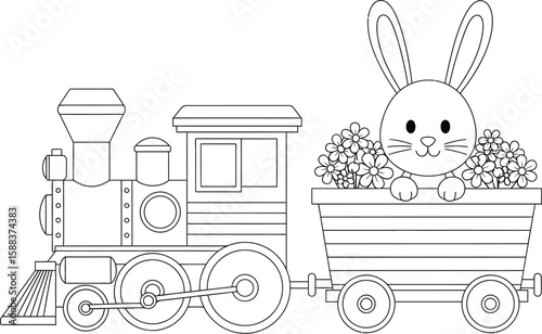 A charming outline depicts a bunny riding a train car filled with pretty flowers, perfect for Easter crafts and springtime activities.